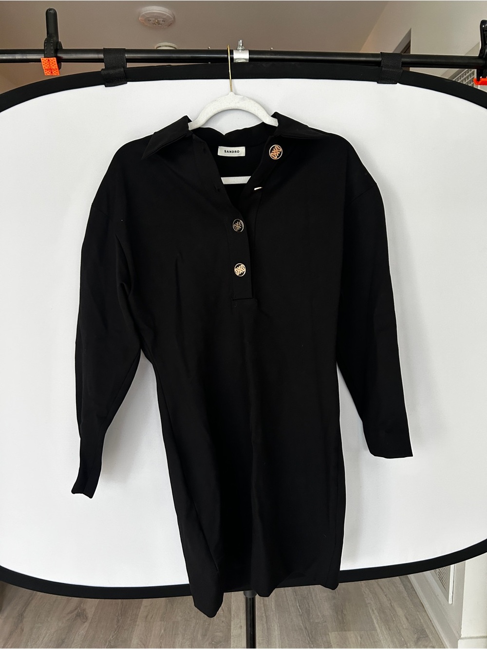 Sandro Black Knit Polo Dress with Gold Buttons